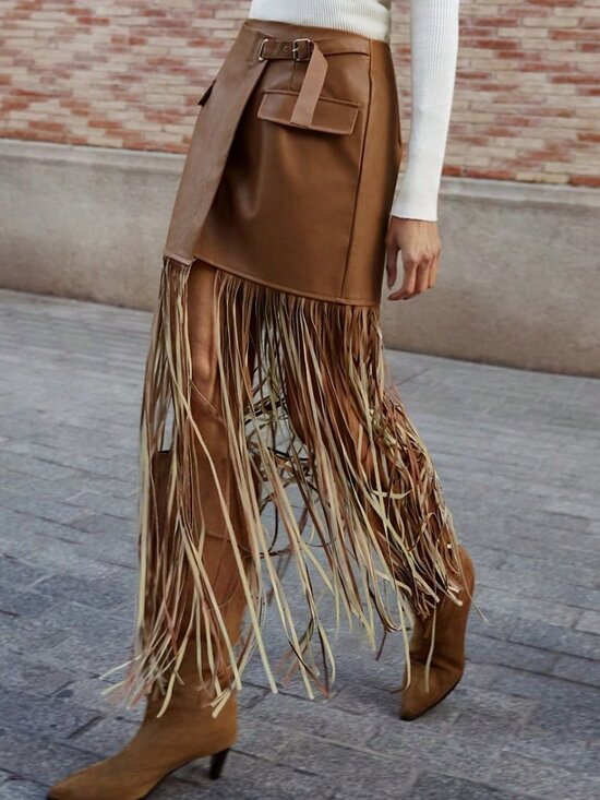 Khaki Bohemian Women's Wrap Midi Skirt Tassel Hem - Picture 3 of 6